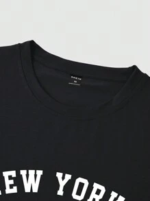 Manfinity Homme 男士圆领短袖字母图案休闲T恤，夏季 - 黑色 - 查看 5