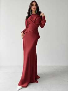 Firerie 女士优雅缎面不对称下摆半身裙 - 酒紅色 - 查看 4