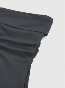 ROMWE Grunge Punk Y2K Subculture 女士纯色短款抹胸露肩上衣，下摆开衩 - 深灰色 - 查看 4