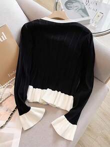 Franclia Women's Casual Ruffled Hem Long Sleeve Cardigan Fall Winter Cloth For Women - Black and White - View 2