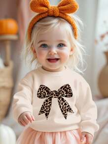 3 件套女婴休闲宽松圆领柔软卫衣，奶油白色、奶油米色、奶油粉色，复古豹纹蝴蝶结，迷你波尔卡圆点蝴蝶结图案，适合秋冬季 - 彩色 - 查看 3