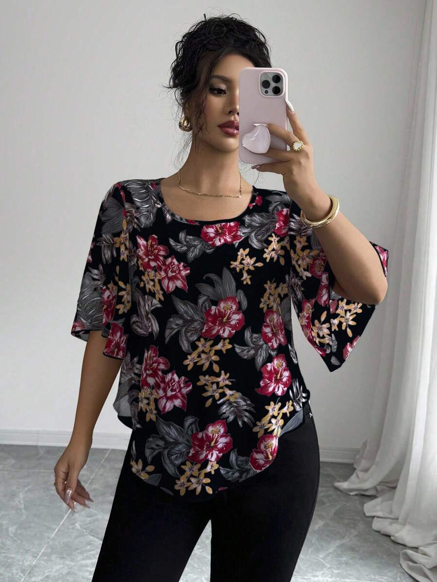 Elenzga 女式花卉印花宽松休闲短袖衬衫 - 彩色 - 查看 1