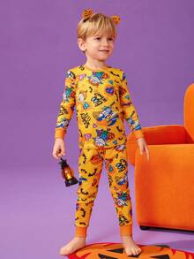 Nick 90s | SHEIN Young Boy Cartoon Graphic Halloween Round Neck Long Sleeve & Long Pants Comfortable Skin-Friendly 2pcs Pajama Set - Multicolor - View 5