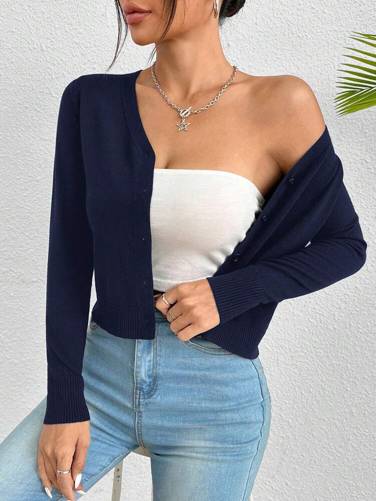 SHEIN PETITE Women's Solid Color Long Sleeve Single-Breasted Casual Thin Cardigan Navy Blue Cardigan In Fall/Winter - Navy Blue - View 3