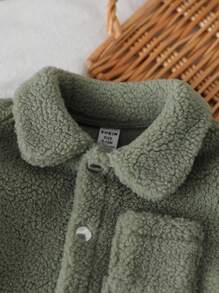 SHEIN Playful Pals 1件装男婴复古仿皮草夹克 | 幼儿加厚羊毛外套 | 婴幼儿秋冬时尚外套 | 男童纯色翻领单排扣夹克 | 男婴休闲纯色厚上衣