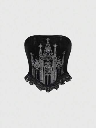 Goth Gothic Castle Cross Embroidery Square Neck Lace Patchwork Black Tube Top Halloween For Women