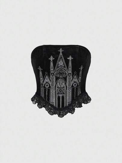 Goth Top tubo negro de encaje con parches, cuello cuadrado y bordado de cruz de castillo gótico para mujer de talla grande