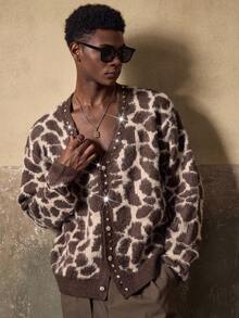 AKNOTIC Men's Casual Fashion Leopard Print Loose Button Cardigan Sweater,Contrast Jacquard,Machine Washable,Autumn,Beige,Elegant,Party,Autumn/Winter - Coffee Brown - View 3