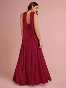 Enchnt Women's Solid Color Minimalist Casual Split Hem Dress,Wedding Guest Dress - Burgundy - View 7