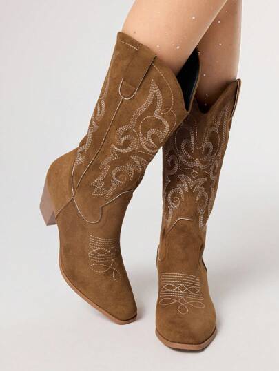 Fairycore Women's Cowgirl Boots, Slip-On, Colorblock Details, Embroidery, Suede, Outdoor Casual Mid-Calf Riding Boots