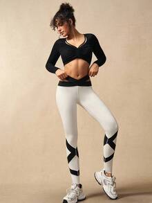 VARSIVA Women's Contrast Color Waist Hollow Out Sports Leggings - Black and White - View 5