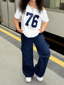 SHEIN Explorewe Streecool Tween Girl 女童休闲运动时尚数字印花不对称领口短袖上衣和宽松工装裤，带口袋，夏季