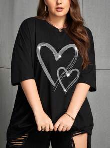 SHEIN Plus Size Women's Rhinestone Heart Dropped Shoulder Loose Casual Round Neck T-Shirt