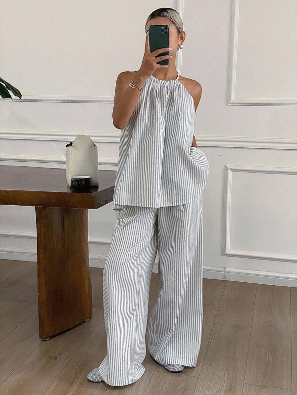 DAZY Women's Casual Striped Halter Sleeveless Top And Wide Leg Maxi Pants 2 Pieces Set