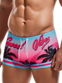 ROMWE MEN Men's Letter & Palm Tree Print Drawstring Waist Casual Swim Trunks - Multicolor - View 3