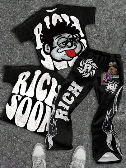 SHEIN Tween Boy Casual Cool Cartoon Character Print, "Rich Soon" Text Print Crew Neck T-Shirt Top, Money Bag & Flame Print Flare Leg Pants 2 Pieces Set, Suitable For Summer, Streetwear, Rock Music, Elegant Casual