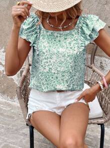 SHEIN LUNE Áo cánh tay bồng bềnh họa tiết hoa nơ sau lưng đơn giản dành cho nữ, thiết kế cơ bản hàng ngày cho kỳ nghỉ xuân hè - màu xanh lá - Xem 6