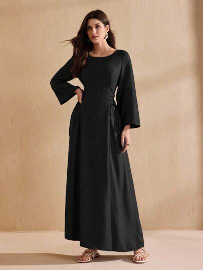 Graceveil Women's Solid Color Minimalist Daily Wear Round Neck Long Sleeve Dress