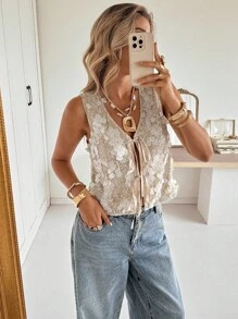 Siren Gaze 女士时尚亮片系带吊带背心，夏季 - 杏色 - 查看 1