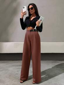 SHEIN Tall Tall Size Brown Belted Extra Long Straight Leg Woven Fabric Pants For Women - Brown - View 7