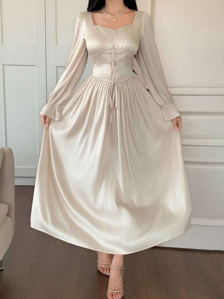 Women's Elegant Solid Color Criss-Cross Waist Midi Dress