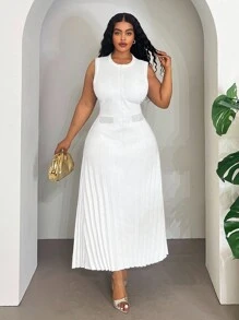 Veslaya 2025秋冬新款大码女装/秋季女装/返校季/校园装/Y2K/街头风/约会/工作/办公室/机场女装/派对/通勤/优雅/鸡尾酒会/朋克/颓废/情人节/通勤组合白色羊毛衫圆领无袖珍珠扣长裙 - 白色 - 查看 5