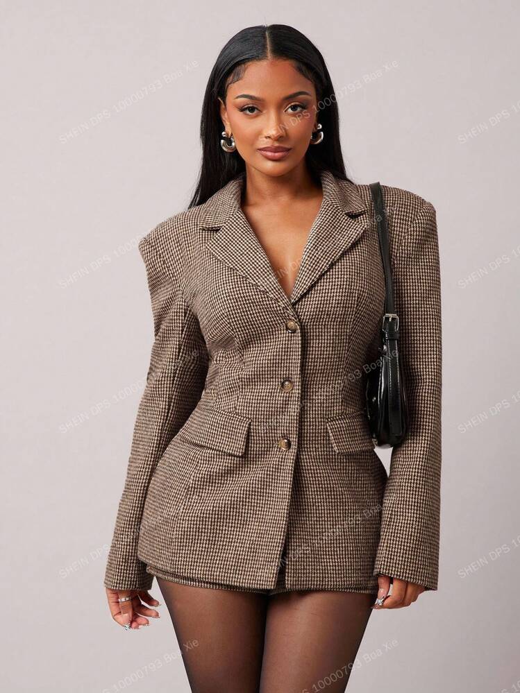 Radiana Set di abito in lana a quadri marroni retrò chic da donna, include blazer aderente + pantaloncini vita bassa (con spalline), 2 pezzi per autunno/inverno - Castano - Visualizzare 6