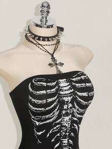 SHEIN ICON 女式骷髅印花吊带背心紧身衣 - 黑色 - 查看 6