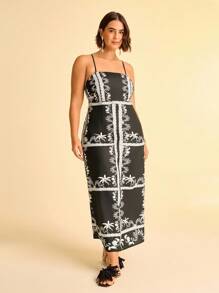 CAJUNI Plus Size Women's Vacation Casual Beach Spaghetti Strap Dress, Boho Vintage Print, Long Black Maxi Dress