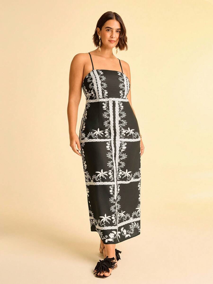 CAJUNI Plus Size Women's Vacation Casual Beach Spaghetti Strap Dress, Boho Vintage Print, Long Black Maxi Dress