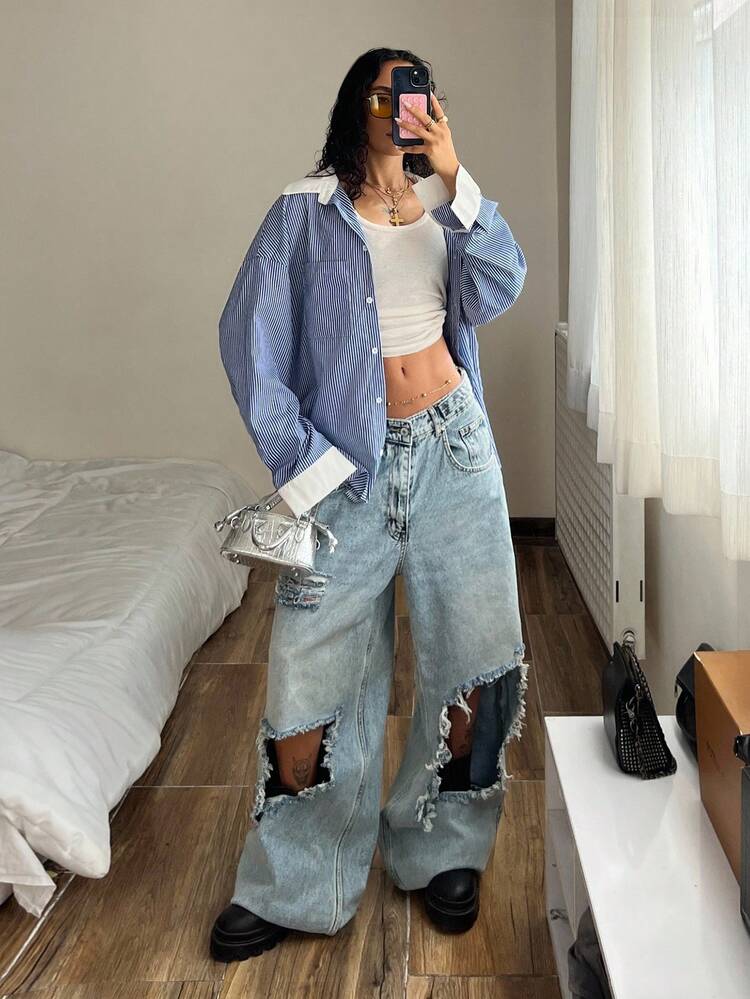 StreetHx 女士落肩长袖宽松休闲百搭条纹拼布衬衫 - 藍色 - 查看 4