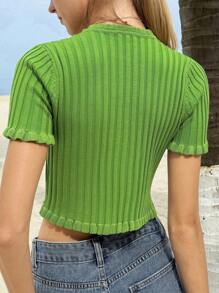 INAWLY Blusa corta con scollo a V, maniche corte e balze, verde brillante, stile dolce e ragazza, ispirata al dopamina, casual per festa e all'aperto - Verde - Visualizzare 2