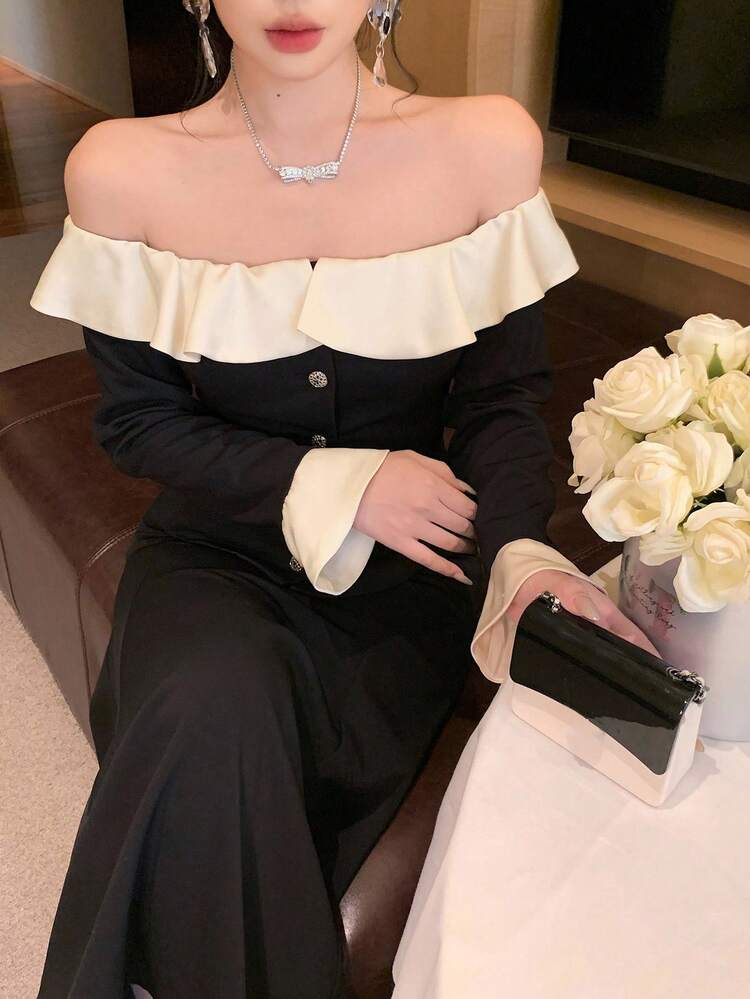 2pcs Women's Contrast Color Splicing Off-Shoulder Top And Fish Tail Skirt Set, Elegant Urban Casual Lady Outfit