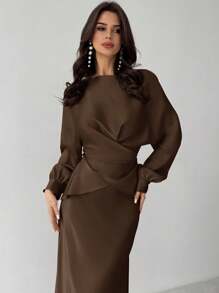 Firerie Women's Elegant Apricot Satin Asymmetric Hem Satin Skirt,Fall - Coffee Brown - View 5