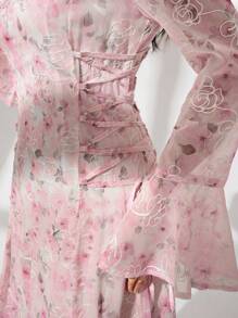 Modelyn Robe longue élégante à manches évasées et taille nouée, mode et charme, printemps/été. Robe en tissu , décontractée et élégante pour femmes en automne, rentrée scolaire, avec patchwork et tissu stretch. - Rose bonbon - Voir 2