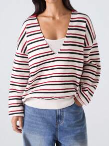 LYSMO 2025 Nuevo Llegado Minimalismo Otoño Mujer Casual Suéter Holgado de Punto con Cuello en V a Rayas para Maestras, Aeropuerto y Viajes para Mujeres para Salir, Volver a la Escuela, Graduación, Ropa de Calle, Grunge y Punk Chic, Estilo Y2K y Estocolmo, Mujer Audaz y Única