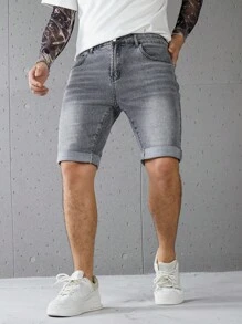Manfinity Homme Men's Casual Grey Denim Shorts With Versatile Athleisure Design Men Grey Denim Shorts Stretch Washed Slim-Fit Denim Shorts - Grey - View 4
