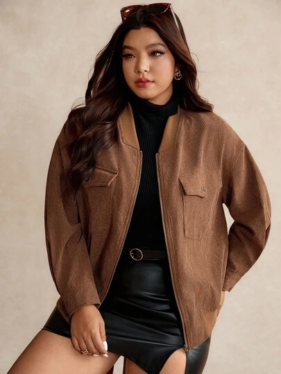 Elaquor Plus Size Solid Color Minimalist Casual Long Sleeve Jacket Winter Fall Autumn