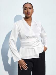 Maija Plus Size White Satin Blouse Long Sleeve Top,Women's Elegant Silky Summer Dinner Commuter Wear,Business Casual Autumn,New Year Party,Date,Graduation - White - View 5