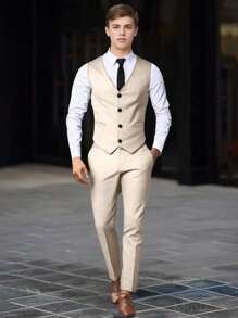 SHEIN 2 件套青少年男孩绅士装，包括灰色修身背心 + 休闲长裤，优雅正式服装，适合生日、婚礼、毕业典礼、派对、婚礼嘉宾、花童、戒指男孩 - 卡其色 - 查看 6