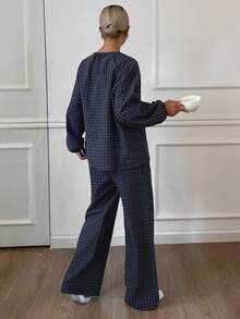 DAZY 格子灯笼袖上衣和裤子宽松女士家居服套装，秋冬服装，舒适套装 - 藏蓝色 - 查看 2