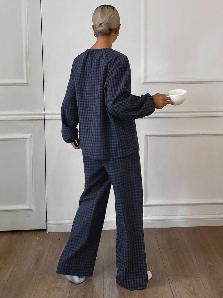 Plaid Lantern Sleeve Top & Pants Loose Women's Lounge Set, Fall Winter Clothes, Cozy Outfits