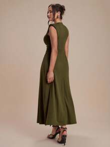 Modelyn 女士优雅纯色褶饰连衣裙，夏季 - 軍綠色 - 查看 2