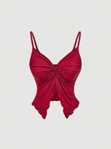 SHEIN MOD 女士优雅纯色扭纹吊带背心，夏季 - 酒紅色 - 查看 6