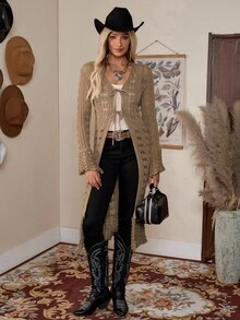 LanaWest 女式休闲修身 V 领长袖针织喇叭袖口长款开衫，棕色，春秋季 - 棕色 - 查看 5