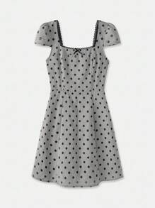 lacRébo 复古风格波点迷你连衣裙，方领泡泡袖，秋季连衣裙度假连衣裙外出连衣裙返校连衣裙秋冬