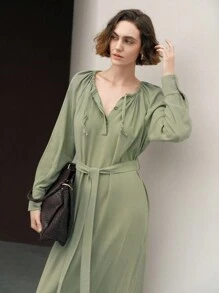 Uhlyne Women's Autumn Minimalist Loose Comfortable Cinched Waist Tie Long Sleeve Casual Commuter Green Linen Dress Shirt Fall Cloth For Women