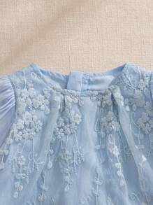 Souflis Souflis Baby Girls' Princess Style Beige Embroidered Mesh Puff Sleeve Dress, Suitable For Birthday Party, Evening Party, Daily Wear, Spring/Summer - Blue - View 4