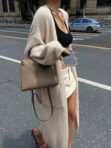DAZY Áo len cardigan dáng rộng cổ điển, áo khoác len dệt kim dài thiết kế độc đáo dành cho nữ vào mùa thu/đông - Lạc đà - Xem 1