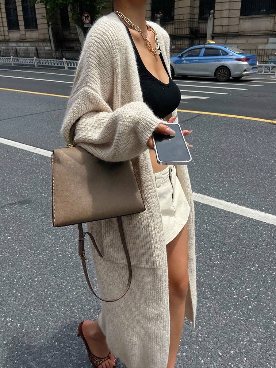 DAZY Áo len cardigan dáng rộng cổ điển, áo khoác len dệt kim dài thiết kế độc đáo dành cho nữ vào mùa thu/đông - Lạc đà - Xem 1